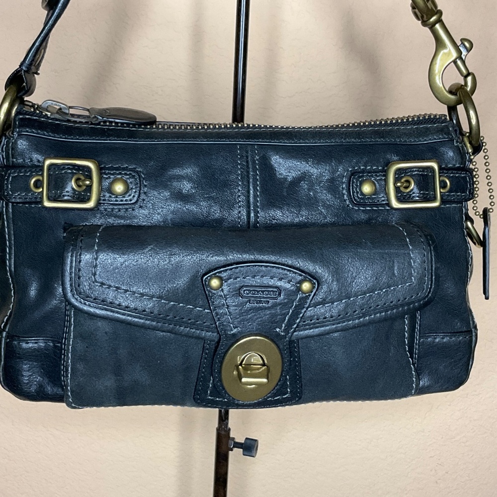 Coach Legacy Turnlock Leather Shoulder Bag Black 11127 Striped Lining